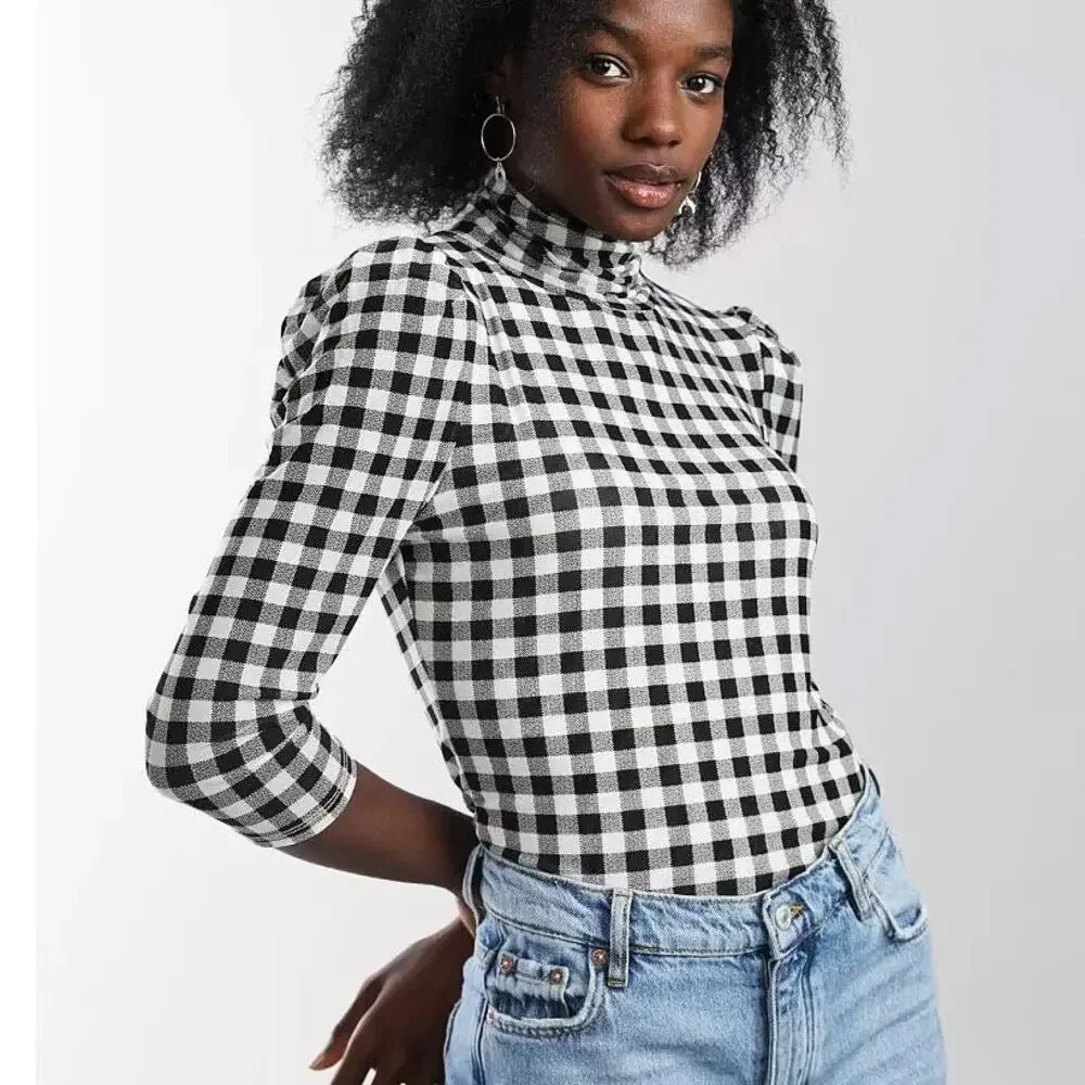 Free People Gathered Turtleneck Black & White Gingham Checkered Mesh Slim Top